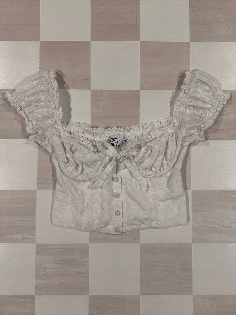 Princess Polly White Eyelet Puff Sleeve Ruched Button Front Crop Top Cottagecore
